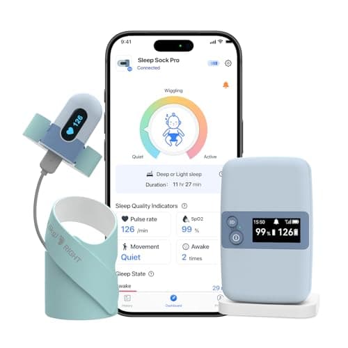 Image of BabyO2 Smart Baby Monitor, Sleep Sock Monitor with Sleep Pattern Analysis, Real-Time Tracking of O2 Oxygen Saturation, Heart Rate, Base Station Included, Wearable Oximeter for 0-3 Years Old