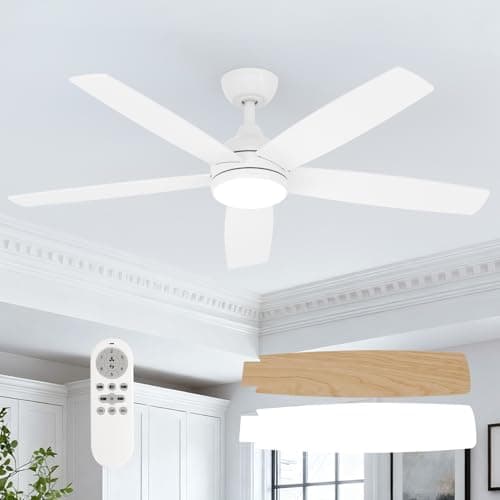 Image of Dorlink Ceiling Fans with Lights and Remote,6 Speeds Reversible 52 Inch Ceiling Fan Light,Stepless Dimmable 3000K-6500K 2500LM, Quiet DC Motor,Timer,Wood-Tone/White Blades for Bedroom Living Room
