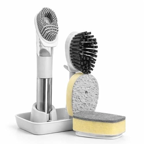 Image of Dish Cleaning Set - 4 in 1 Kit with Soap Dispensing Handle & Storage Holder – Includes Scouring Sponge, Wood Pulp Sponge, Silicone Brush and Bristle Brush - For Kitchens, Travel and Workplaces