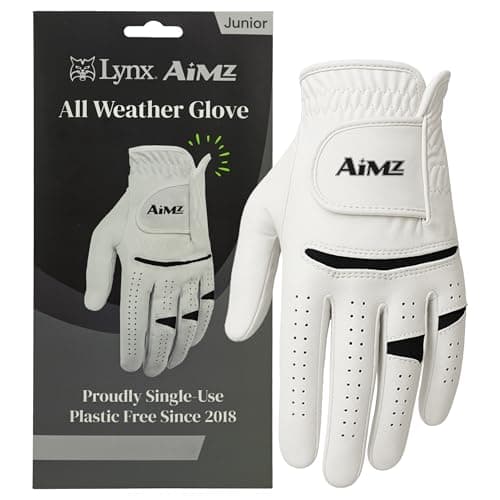 Image of Lynx Junior Golf Glove – LEFT Hand, Small, White/Black Logo. Premium kids glove for right-handed golfers. Comfortable, durable, flexible fit. Ideal junior golfing accessory or gift.