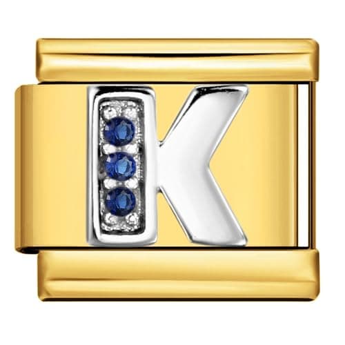 Image of Mon & Sons K Crystal 18k Gold Letter Initial Name Tag Alphabet Personalised Birthday Silver Italian 9mm Link Stainless Steel Bracelet Charm Compatible With 9mm Link