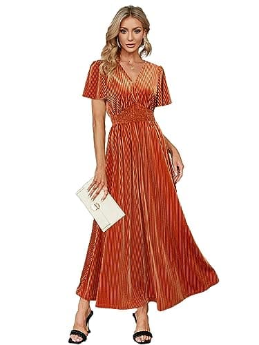 Image of Simplee Women’s V Neck Velvet Maxi Dress Short Sleeve Empire Waist Long Formal Dress for Wedding Guest, 4#Burnt Orange, S