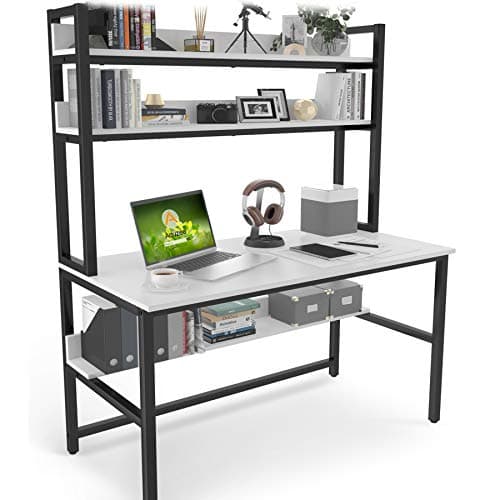Image of Aquzee Desk with Shelves, 140 cm White Computer Table with Storage, Gaming Desk with Large Wood Desktop, Metal Legs, Ideal for Storage Study Work Writing Home Office 60D x 140W x 165H cm