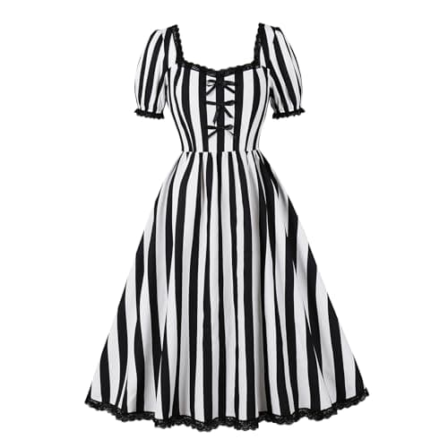 Image of Wellwits Women’s Lace Trim Striped Bows Halloween Costume Vintage Gothic Dress Black M