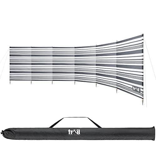 Image of Trail Premium 7 Pole Wooden Windbreak with Bag, 5.4m x 1.25m Tall Windbreaker Sun Shelter Privacy Screen with Metal Spikes, Reinforced Stitching, Outdoor Camping Festival Garden (Grey & White Striped)