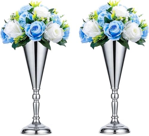 Image of Sziqiqi Silver Vase Tall Metal: Wedding Centrepieces for Reception Tables Set of 2 - Flower Vases Stand - Base Decortion for Party Events Birthday Celebration Ceremonies