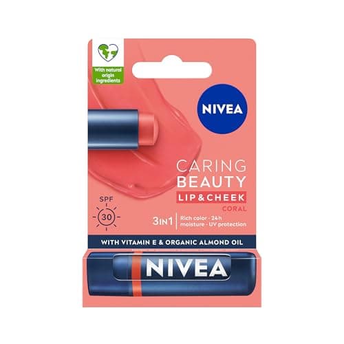 Image of NIVEA Caring Beauty Coral Lip Balm SPF30 (4.8g), 3-in-1 Buttery Lip and Cheek Tint, Rich Colour and 24H Moisturisation with SPF 30 Protection