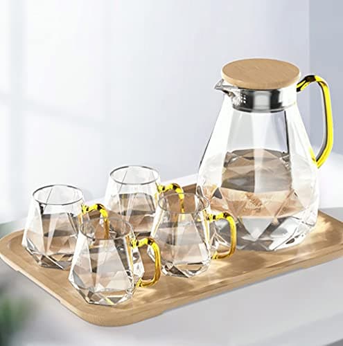 Image of DUJUST Water Jug with 4 Cups, 1 Tray, Elegant Diamond Design Glass Jug with Handle, Decoration for Room, High Durability Pitcher Carafe for Ice Tea Maker, Juice, Hot/Cold Coffee - Bamboo Lid
