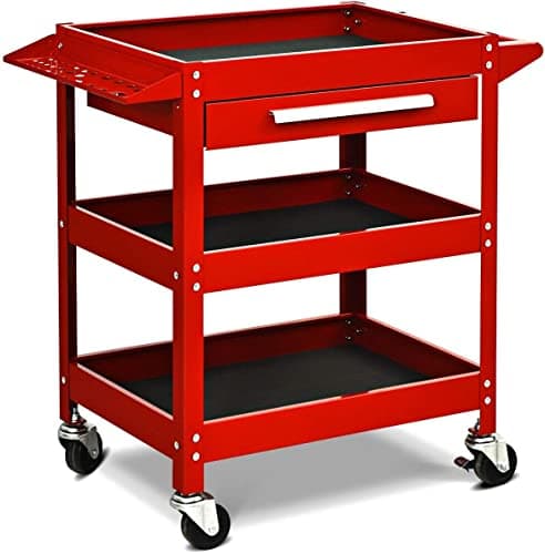 Image of COSTWAY 3 Tier Tool Trolley, Metal Rolling Workstation with Large Drawer and Hanging Rack, Home Workshop Garage DIY Storage Service Cart Holds up to 150KG (Red)
