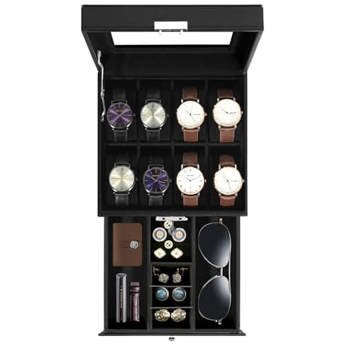 Image of Uten Watch Box 8 Slots, 2-Tier Watch Case with Key Lock, Glass Lid, Watch Display Box for Men and Women, Black Synthetic Leather, Black Velvet Lining, Removable Pillows, Jewelry Storage Box, Gift Idea