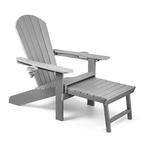 Image of VonHaus Grey Adirondack Chair - Reclining Slatted Style Garden Chair with Pull-out Footrest - Durable Weather Resistant HDPE Plastic Outdoor Armchair for Patio & Decking - Westport