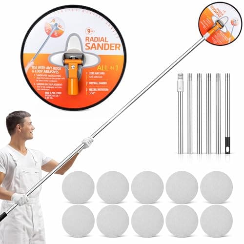 Image of YOZAIUUI 9 Inch Drywall Pole Sander Kit: 360° Rotation Radial Sander with 180cm Extension Pole 10Pcs Sanding Sheets (80/100 /120/180 /240Grit) Aluminum Alloy Poles Sanders for Walls Ceilings