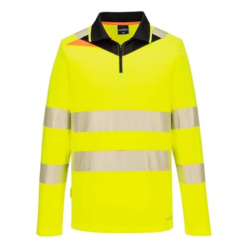Image of Portwest DX419 DX4 Hi Vis Zip Polo Shirt Long Sleeve Work Top Moisture Wicking Polyester Fabric Segmented Reflective Tape Contrast Collar Slim Fit UPF 40 Protection, Yellow/Black, Large