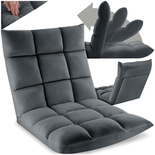 Image of tectake® Floor Recliner Chair with 14 Adjustable Backrest Positions, Soft & Washable Cover in Velvet Look, Thickly Padded Lounger with Stable Steel Frame - Cosy Floor Chair for Reading, Gaming - Grey