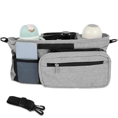 Image of Baby Pushchair Organiser,3 Pram Diaper Cup Holder,Detachable Zippered Pocket,Adjustable Shoulder Strap,Waterproof Fabric,Large Capacity for Baby Essentials,Compact Design Fits Any Stroller Handlebar