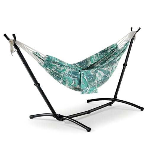 Image of Vonhaus Hammock with Stand - Freestanding 2 Person Hammock Seat with Steel Frame - Polycotton Material & Adjustable Frame for Garden - Travel Bag for Beach, Camping & Outdoors - Leaf Print