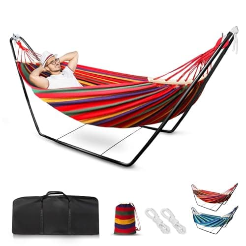 Image of Hammock with Stand, Double Cotton Hammock with Adjustable Steel Frame & Spreader Bar for Garden/Backyard/Travel, Includes Carry Bag, 2 Hooks & Ropes, Easy Assembly - Red