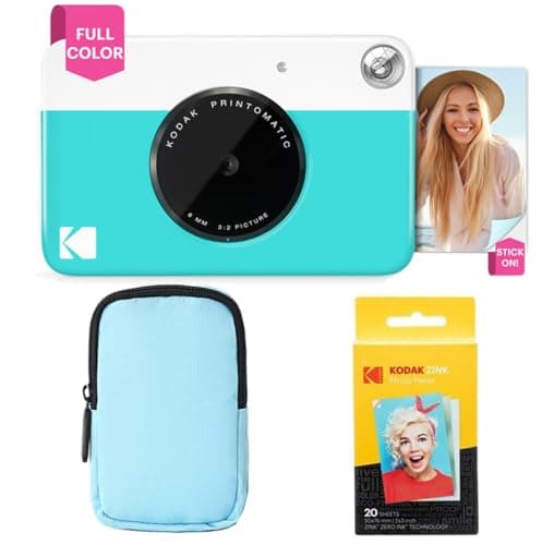Image of KODAK Printomatic Full-Color Instant Print Camera Starter Bundle + Soft Case + Zink 20 pack Photo Paper - Colorful Photos On 2x3" Sticky-Back Paper - Fun Gift for Birthday Christmas Holiday - Blue