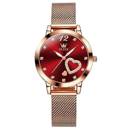 Image of OLEVS Womens Watch Fashion Rose Gold Mesh Belt Analog Quartz Women's Watch Red Face Arabic Numerals Dial Dress Watches for Women Luxury Diamond Heart Waterproof Luminous Ladies Watches
