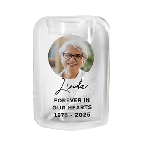 Image of Personalised Photo Upload Glass Tea light Holder White Feather Memorial Remembrance Small Tealight holder