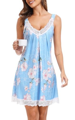 Image of Lovasy Nighties for Women Soft Nightdresses & Nightshirts Loose Ladies Nighties Nightdress Sleeveless Chemise Night Dress Nightiy with Lace,Light Blue,L