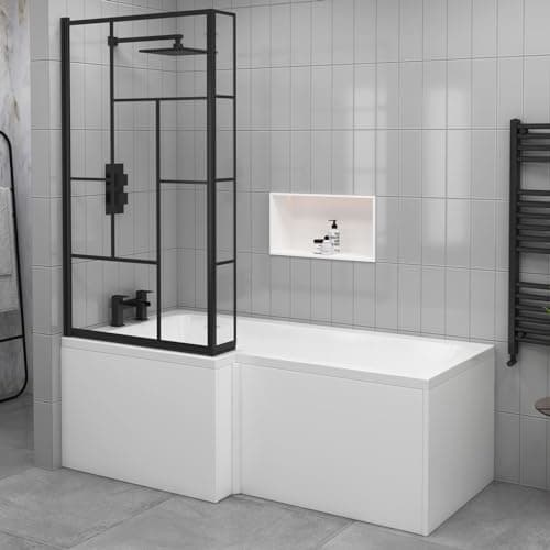 Image of 1500 x 850mm Left Hand L-Shaped Shower Bath Square Bathtub with Side & End Panel + Matt Black Abstract Grid Screen & Fixed Return Panel