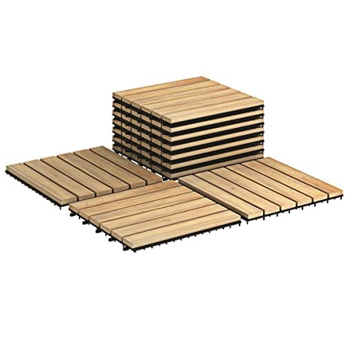 Image of COSTWAY 10 Pcs Acacia Wood Decking Tiles, 30 x 30cm Interlocking Floor Tiles, Indoor Outdoor Waterproof Cuttable Deck Tile for Patio Garden Balcony Pavement, Tools Free Assembly (Stripe Pattern)