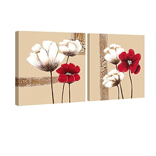 Image of Wieco Art - Red and White Flowers Modern Framed Giclee Canvas Prints Artwork 2 Panels Abstract Floral Oil Paintings Style Pictures Photo Printed on Canvas Wall Art for Bedroom Home Decorations