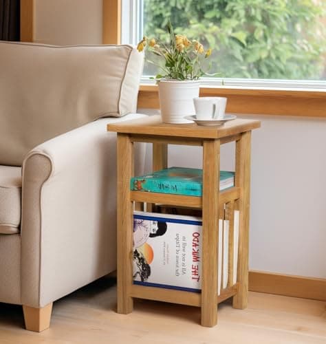 Image of Hallowood Furniture Waverly Oak Magazine Table, Light Oak Coffee or Side Table with Shelf and a Slotted Design Magazine Rack, Solid Wooden Compact Bedroom or Living Room Furniture