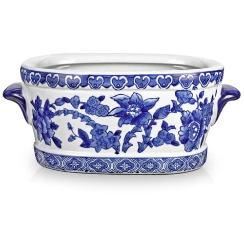 Image of Briful 7.4" Blue and White Ceramic Pot - Vintage Planter Floral Oval Cachepot Vase for Indoor Plants, Flowers & Succulents - Glazed Chinese Porcelain Style Decorative Bowl - No Drainage