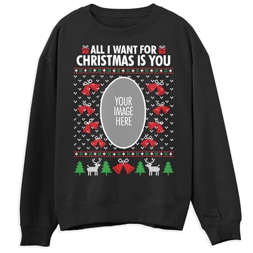 Image of Print Cartel Personalized All I Want For Christmas Sweater for Adults Festive Custom Christmas Sweatshirt Ugly Xmas Jumper for Men Women, M, Black