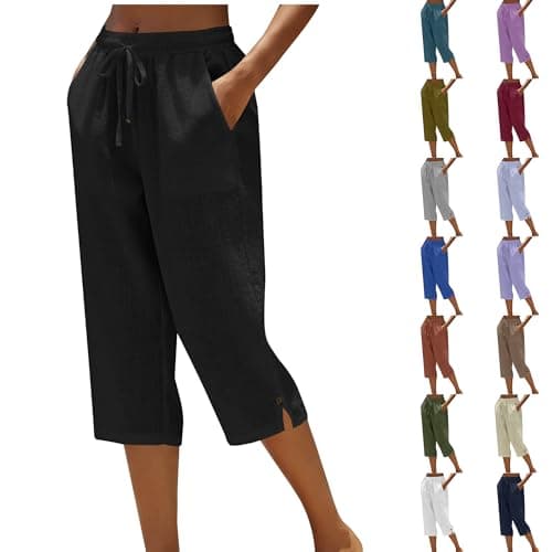Image of Capri Pants for Women UK Straight Leg Elasticated Waist Cropped Linen Trousers with Pockets Summer Casual Travel Beach Gym 3/4 Length Trousers Ladies Comfy Loose Lounge Wear Black
