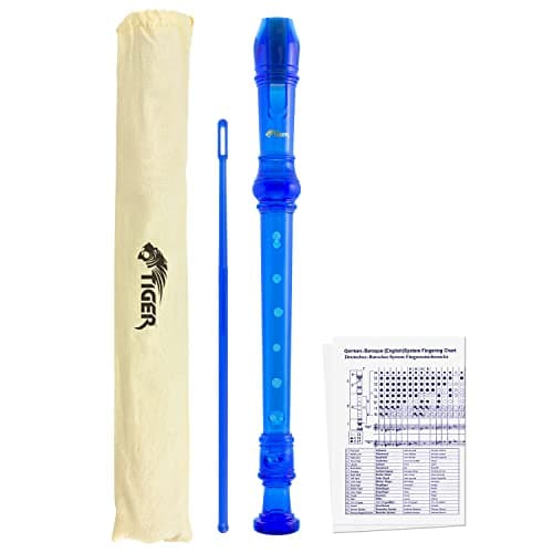 Image of TIGER REC7-BL Descant/Soprano School Recorder with Bag, Cleaning Rod and Fingering Chart, English/Baroque Fingering - Blue