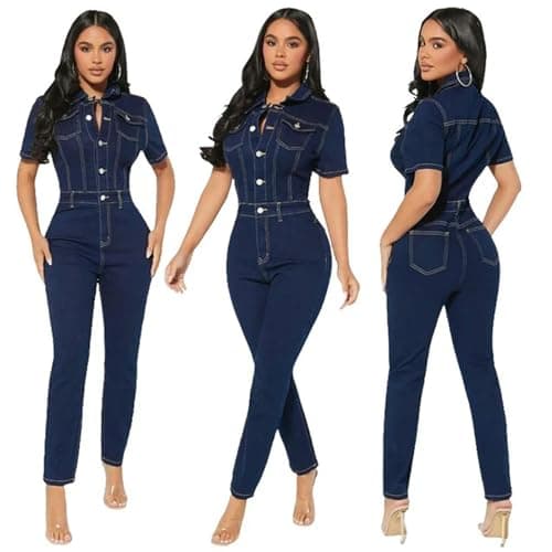 Image of KWTF Navy Blue Women's Sexy Short Sleeve Streetwear Jumpsuit Denim Playsuit Skinny Full Length Long Jumpsuit for Young Women