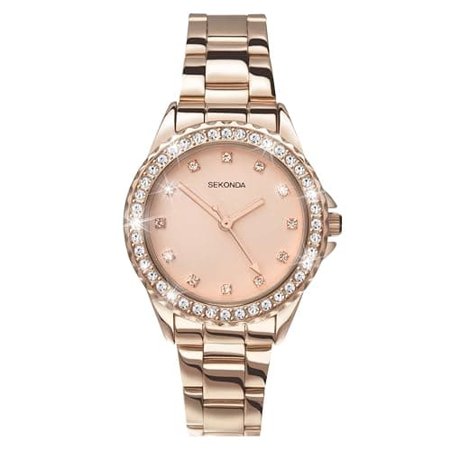 Image of Sekonda Elizabeth Rose Gold Bracelet Pink Dial Women's Quartz Watch 33mm with Stone Set Case, Analogue Display and Stainless Steel Bracelet