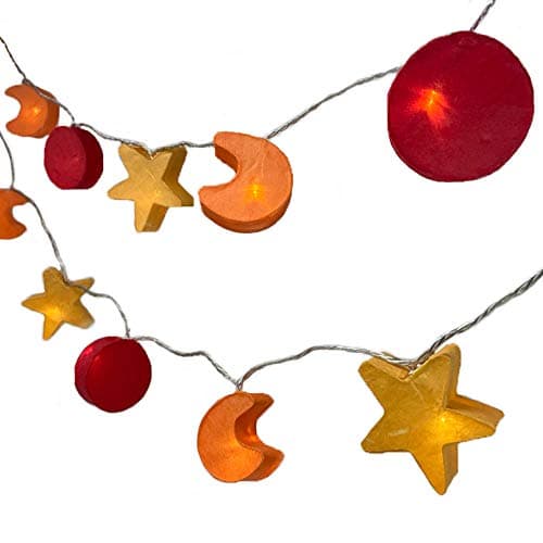 Image of Blaze On Star, Sun and Moon Fairy Lights (Fire Tones) – 10 Warm White LED Lights – Handcrafted 3D Shapes from Hand-Screened Mulberry Paper – 3-Pin UK Mains Plug – Indoor String Lights