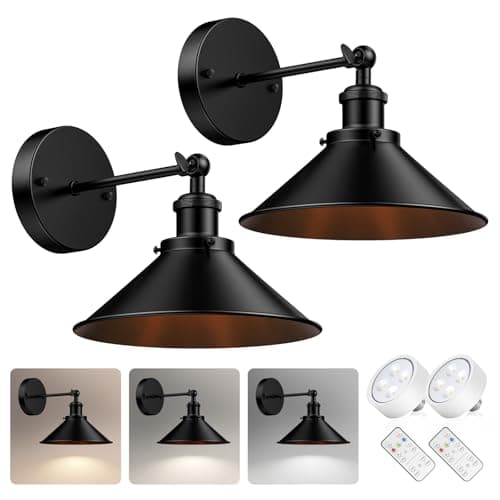 Image of LumaBrite Battery Operated Wall Light Set of 2, Wireless Wall Lights Indoor Dimmable Battery Operated Wall Sconces Battery Powered Industrial Wall Lights for Living Room Bedroom Hallway