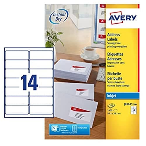 Image of Avery Smudge Free, Printable, Address Labels, Quickdry, 99.1 x 38.1 mm, White, 14 Labels per Sheet, 1400 Blank Labels per Pack (J8163-100)
