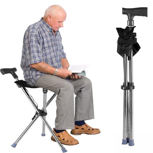 Image of Folding Walking Stick Seat – Adjustable Aluminium Cane Chair with Built-In Seat for Elderly & Adults, Lightweight Portable Support Stool – Black