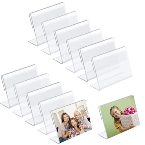 Image of DiiWmme 12Pcs Mini Acrylic Sign Holder, L Shape Price Tag Display Stand, Slanted Brochure and Photo Frame Holder for Restaurant Menu, Office Desk, Shopping Malls, Transparent Flyer Stand (2*3inch)
