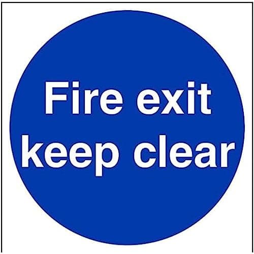 Image of V Safety 18003BB-R Fire Exit Keep Clear Mandatory Sign - Square - 300mm x 300mm - 1mm Rigid Plastic, Blue