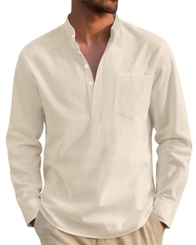Image of J.VER Grandad Shirts for Men Linen Long Sleeve Regular Fit Casual Summer Beach Cotton Shirt with Pocket Beige XL