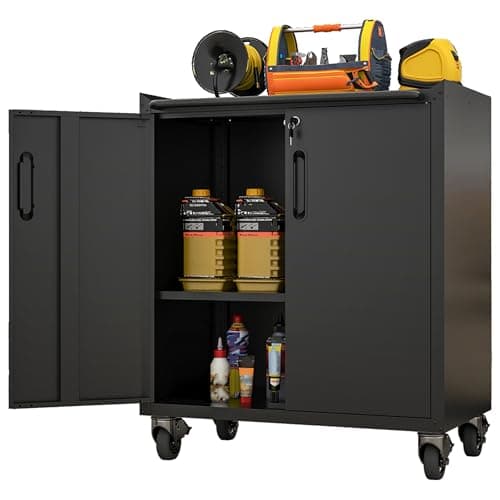 Image of IKIMI Metal Garage Tool Storage Cabinet with 2 Lockable Doors,Heavy Duty Mobile Tool Chests & Cabinets,Black Rolling Tool Cabinets with Wheels,Assembly Required