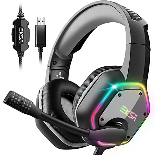 Image of EKSA E1000 USB Gaming Headset for PC - Computer Headphones with Microphone/Mic Noise Cancelling, 7.1 Surround Sound Wired Headset & RGB Light - Gaming Headphones for PS4/PS5 Console Laptop (Gray)