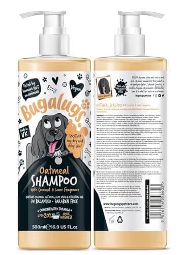Image of BUGALUGS Itchy Dog Shampoo with Oatmeal & Aloe Vera Dog professional Vegan dog grooming products for smelly dogs with fragrance can use as puppy shampoo (500ml)