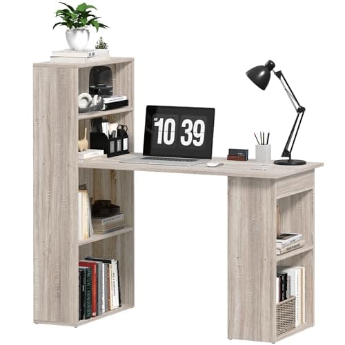Image of HOMCOM 120cm Computer Desk, Wooden PC Laptop Table with 6-Tier Storage Bookshelves, Home Office Working Study Desk, Writing Workstation, Grey