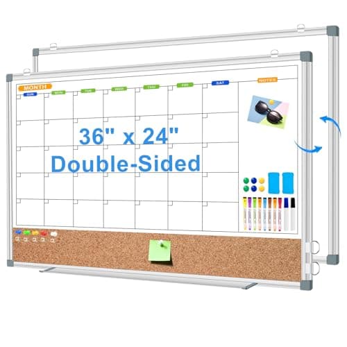 Image of CALENBO Monthly White Board Calendar Dry Erase Cork Board Combo for Wall, Double-Sided 36" x 24" Magnetic Calendar Whiteboard & Bulletin Board, Portable Dry Erase Board for Home, Office, School