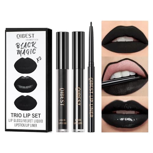 Image of QiBest 3-in-1 Black Lipstick Set for Halloween & Goth Makeup, Matte Liquid Lipstick + Lip Gloss + Gel Lip Liner Pencil Lip Kit for 24 Hours Long Lasting & Waterproof Gothic Lip Makeup (Black Magic)