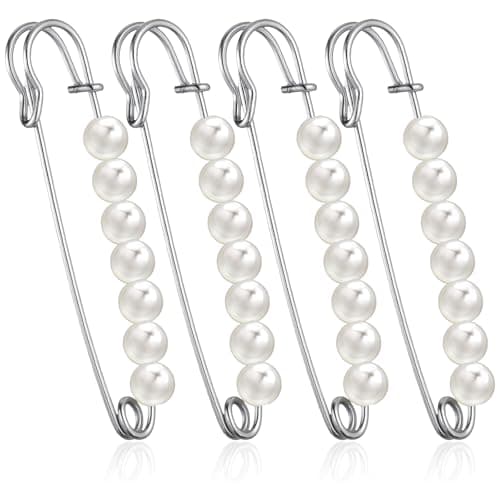 Image of 4 PCS Pearl Brooch Pins for Women, Pearl Safety Pin Brooch Decorative Safety Pins Pants Clips Silver Pearls Shawl Pin for Women Sweater Scarves Shirt Dress Hat Scarfs