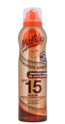 Image of Malibu Sun SPF 15 Continuous Tanning Oil with Coconut Spray, Easy Application, Medium Protection, Moisturising Body Oil Mist, 175ml